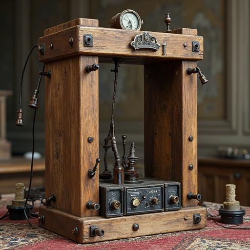 Ham radio guillotine resembling a medieval stockade. Wooden structure with intricate details and vintage radio components. Historical and artistic significance. Suitable for exhibits and themed events.