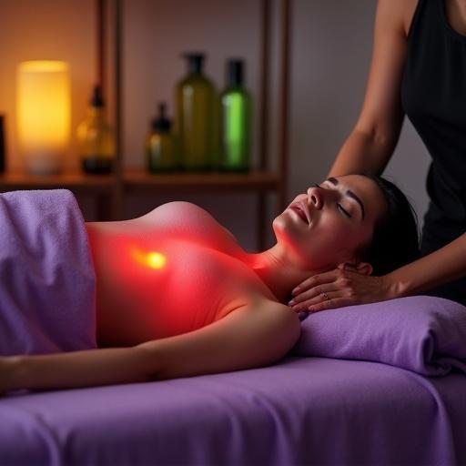 Photorealistic image of a woman on a massage table expressing sharp pain. Her eyes fixed on the viewer. Lower back glowing from intense pain. Masseur's hands are working on her. Rich purple sheets. Lime green oil bottles and yellow lighting in the background.