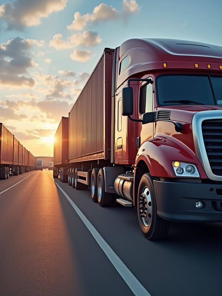 Image of a large red freight truck on a road during sunset. Other trucks in the background. The truck stands out in the warm light. Focus on logistics and transportation.