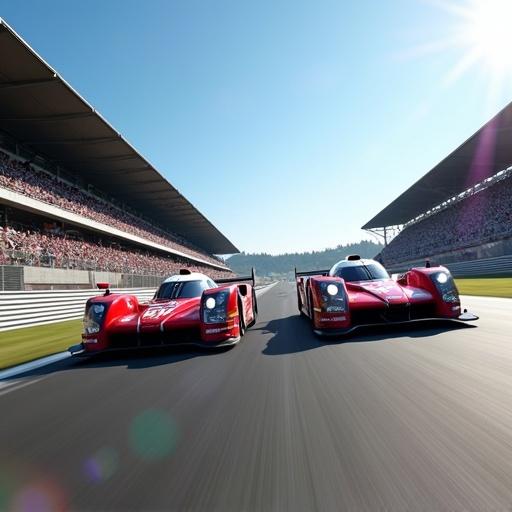 Realistic image of a race featuring LMGT3 and LMP2 cars on a renowned circuit. Clear blue sky and bright sunlight highlight a close competition. Grandstands filled with spectators add to the atmosphere.