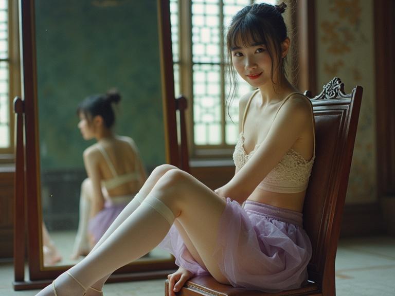 Photo of a petite girl in a feudal garden. She sits on a chair in front of a mirror. Light purple mini skirt, cream bra, white stockings. Smiling softly with glossy blue eyes. Full figure shown with high heels on the floor. Flash photography with film grain.