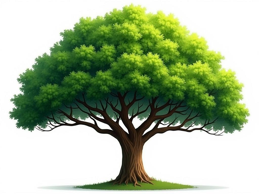 The image is of a large, lush green tree standing against a white background. Its canopy is thick and rounded, filled with vibrant green leaves that suggest a healthy and thriving tree. The trunk is thick and sturdy, featuring a rich brown color with visible texture, showcasing the natural lines and grooves typical of tree bark. The branches extend outward, indicating a wide spread and creating a sense of shade and shelter beneath the tree. This tree embodies the essence of nature, tranquility, and the beauty of the outdoors.