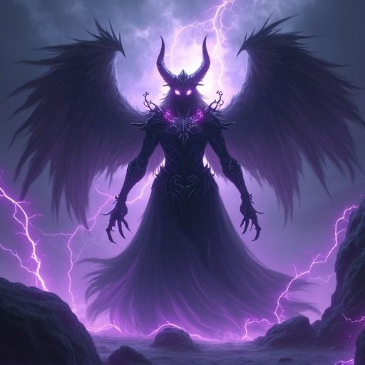 An imposing dark grey demon stands with a radiant white light emerging from its head. The atmosphere is charged with grey and purple lightning. The demon possesses glowing black eyes and is surrounded by big glowing purple chains. This image captures a dynamic and intense anime aesthetic resembling influences from Valorant, League of Legends, and other fantasy narratives.