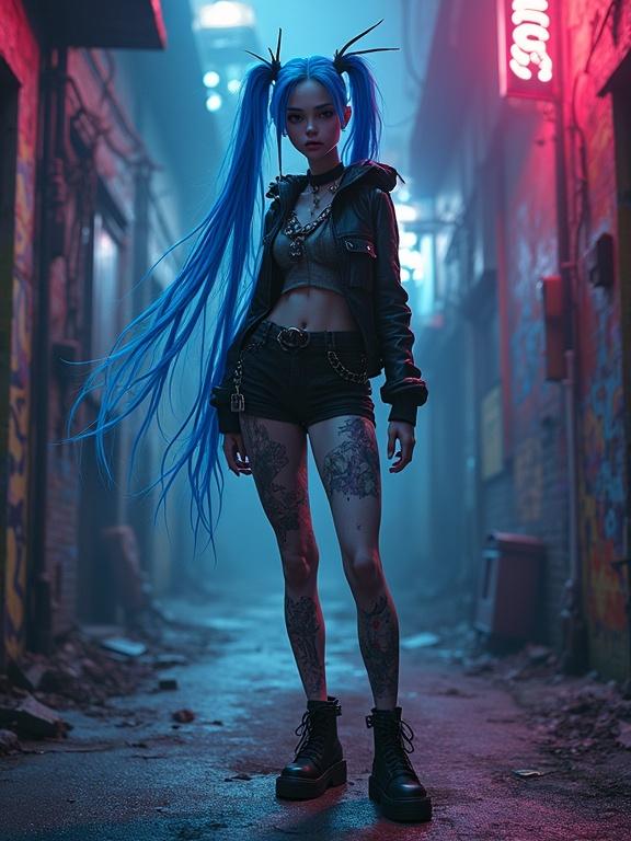 Cinematic portrait of Jinx full body hyper-detailed realistic rendered in painterly aesthetic of Arcane by Riot Games standing in dimly lit Zaun alley with glowing graffiti and neon lights long blue braids flowing wearing punk outfit vivid expression with touch of madness textured brushstroke lighting gritty environment dramatic shadows animated film feel realistic details