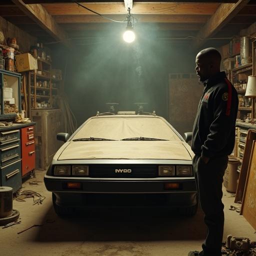 Dusty garage filled with junk. Cobwebs and boxes scattered. DeLorean DMC-12 under a hanging flickering bulb. Silver frame covered in years of grime. Tall black man in black and red track suit. Light-skinned black man with Seattle Mariners cap inspecting car. Tools and pizza boxes on the floor. 'Wash me' on windshield. Wide-angle low shot.