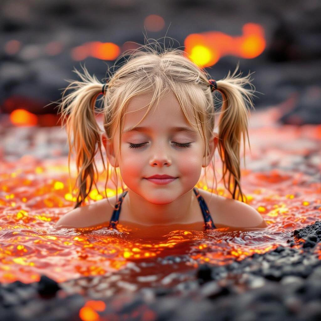 young girl with blonde hair in twin pigtails enjoys a bath in glowing molten lava with eyes closed and a relaxed expression