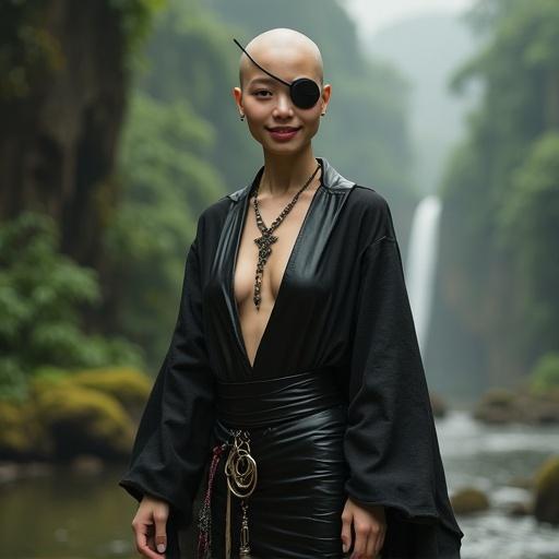 Young Asian woman with a bald head smiles wearing a pirate eyepatch. Dressed in a low-cut robe blouse and tight leather miniskirt. High-heeled flip-flop sandals. Surrounded by a lush fantasy landscape with a waterfall in the background. Dramatic and detailed digital art style.