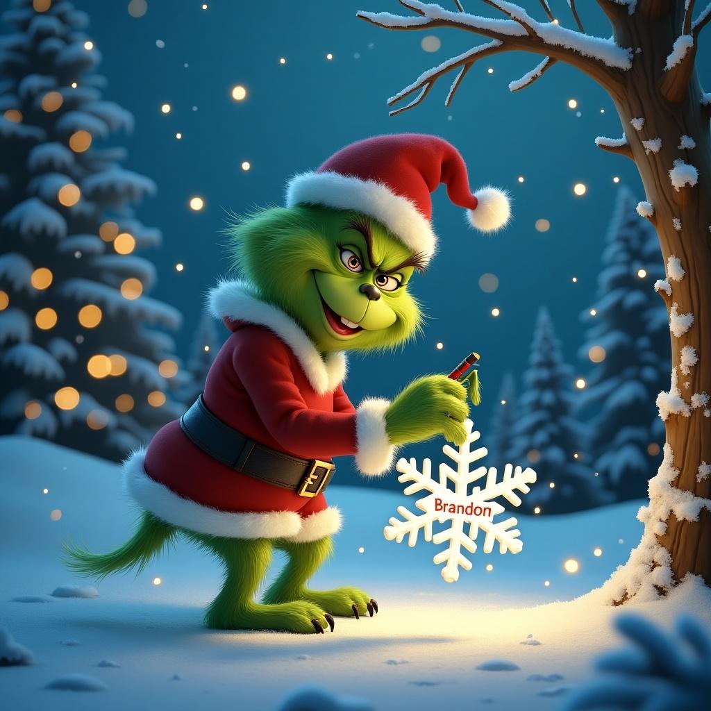 The Grinch is writing on a snowflake. The setting is a snowy landscape with sparkling lights.