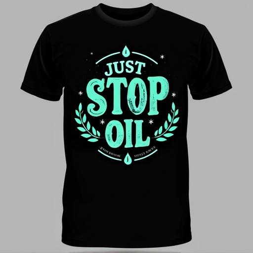 A black t-shirt displays a bold graphic. The text includes the words JUST STOP OIL in stacked format. STOP features a wavy teal font with a lightning bolt in the O. Other words use a clean white font. Decorative elements include lines, dots, a water droplet, and laurel leaves. Below the leaves is stylized lettering. The design has a distressed, retro aesthetic with an environmental message.