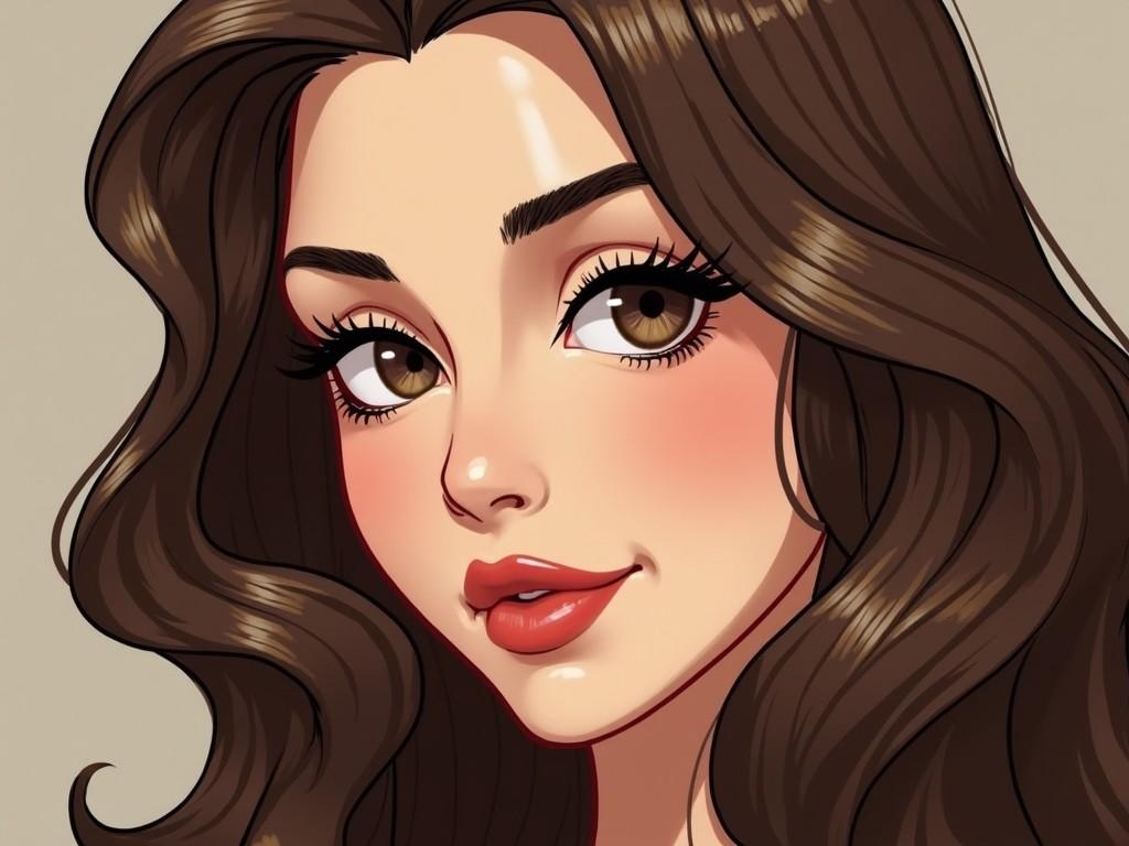 The image depicts a close-up of an illustrated female character. She has light-colored skin and elegant facial features, with full lips and expressive eyes. Her hair is voluminous, featuring shades of brown and a smooth, glossy texture. The background seems out of focus, emphasizing the character's face. Her expression is serene and contemplative, adding a sense of mystery and depth to the overall image.