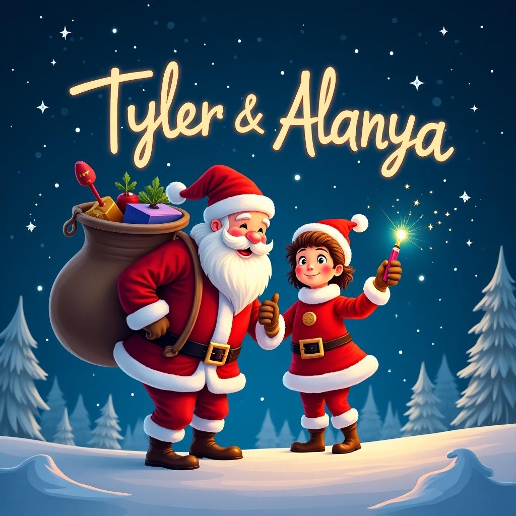 Christmas theme features Santa and a child. Santa writes Tyler and Alanya with a glow pen in the night sky. Snowy landscape surrounds the playful scene.