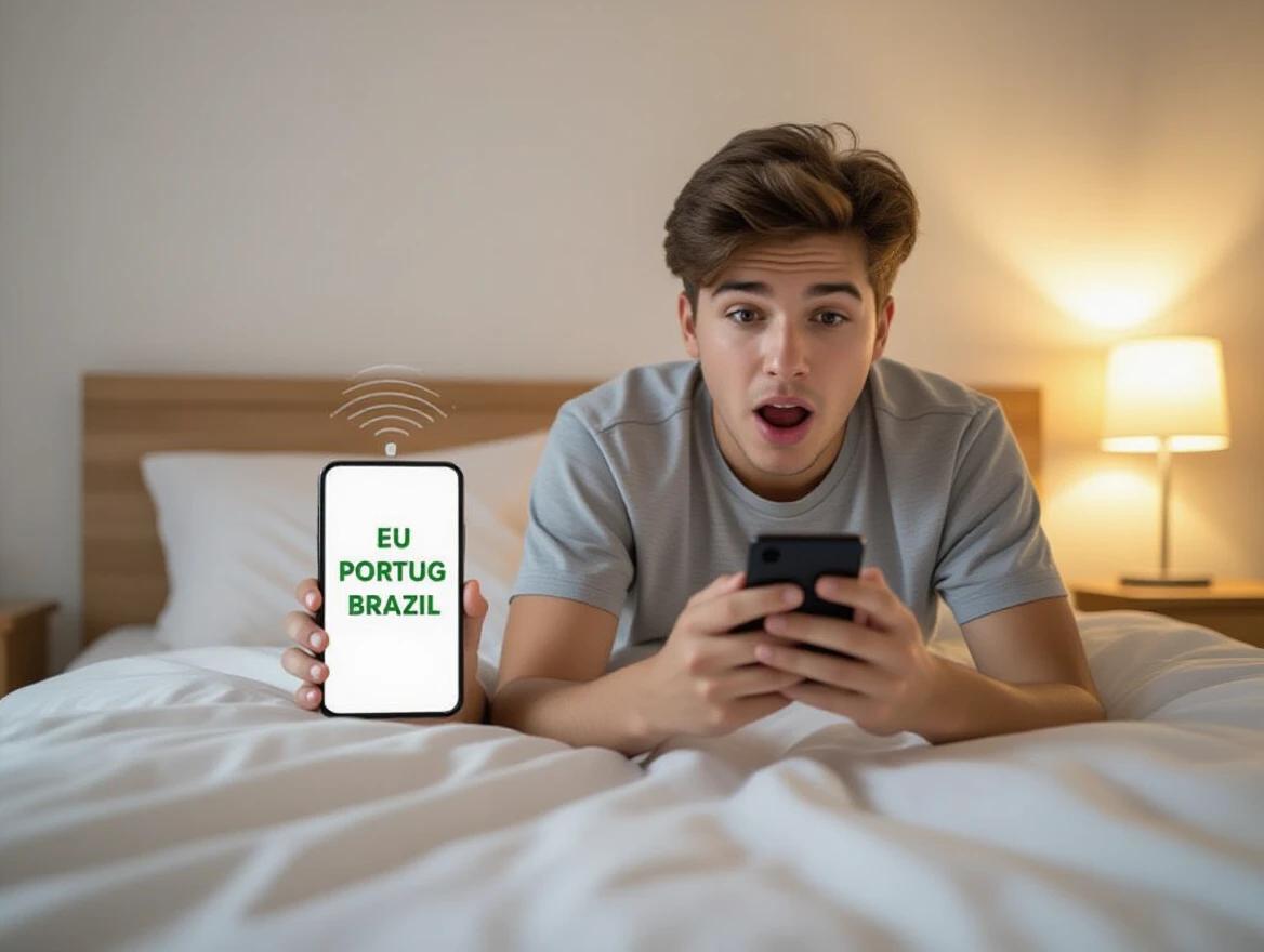 Teenager just woke up sitting on bed holding smartphone. Phone screen displays eu portugues brazil. Visible surprise and fear due to lack of internet connection.