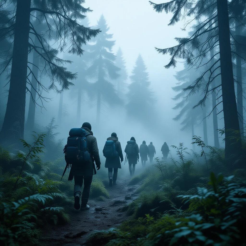 Group of adventurers trek through a dense fog in a mysterious forest. Scene appears hyper-realistic and cinematic. High resolution of 8K.