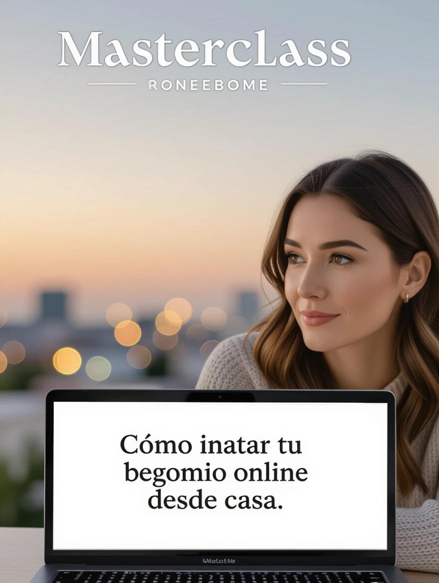Over-the-shoulder shot of a woman looking at a laptop. Screen shows Masterclass titled 'Cómo iniciar tu negocio online desde casa.' Background is calm early morning. Image has clean neutral colors with warm undertones. Subtle bokeh effect. 4K photo-realistic shot.