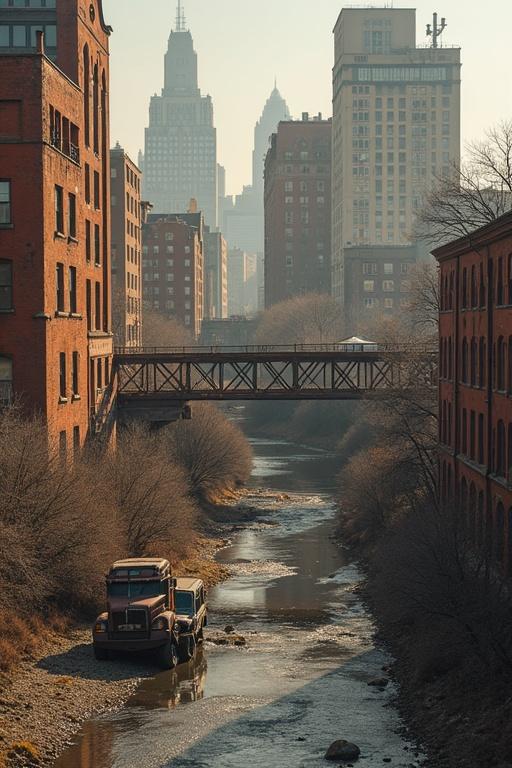 Rust city scene showing a river surrounded by old red brick buildings and a distant skyline in the fog. An abandoned truck rests in the river.