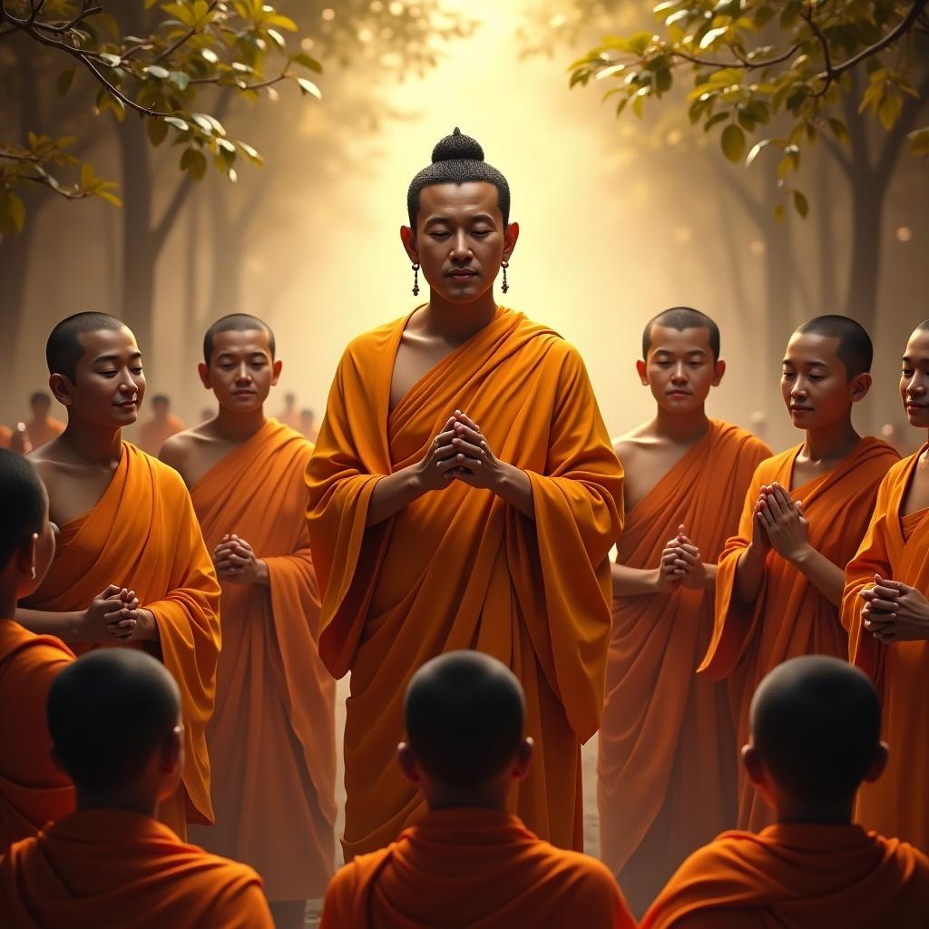 Buddha teaches monks in a serene forest