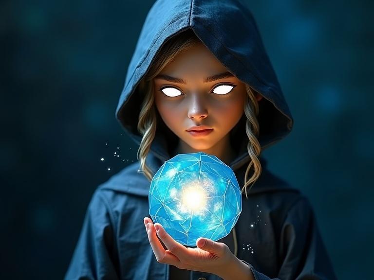 A young woman holds a glowing sphere in an origami style. The woman has light skin with detailed paper folds representing her features. She wears a dark blue hooded robe with light-colored origami hair. The robe has gold detailing. The glowing sphere contains swirling blue patterns and emits light tendrils. The background is dark and out of focus.