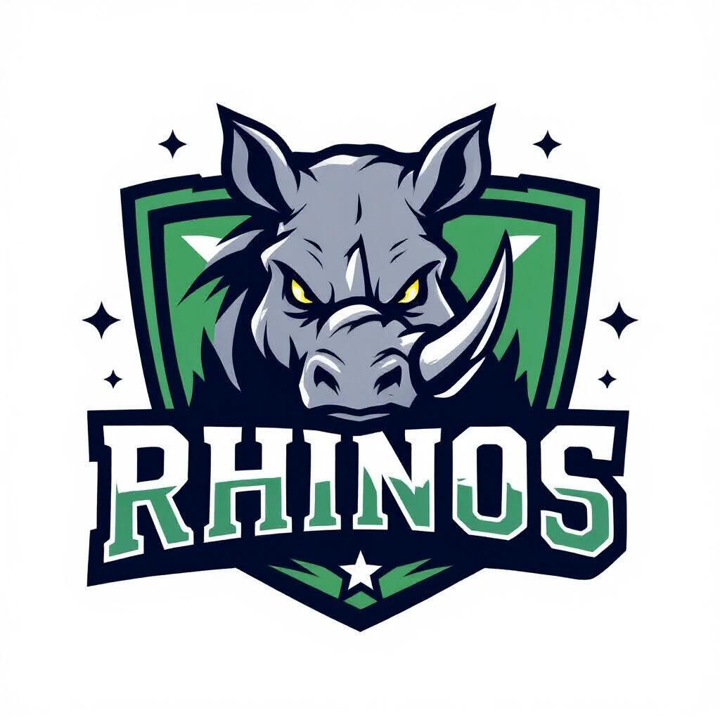 Logo design for a local football team named Rhinos featuring a stylized rhino head in green blue and white. Strong expression with sharp lines. Blocky letters spelling Rhinos under the icon. Forward pointing horn adds motion. Accenting elements like stars and shield shapes. Background is flat white without scene.