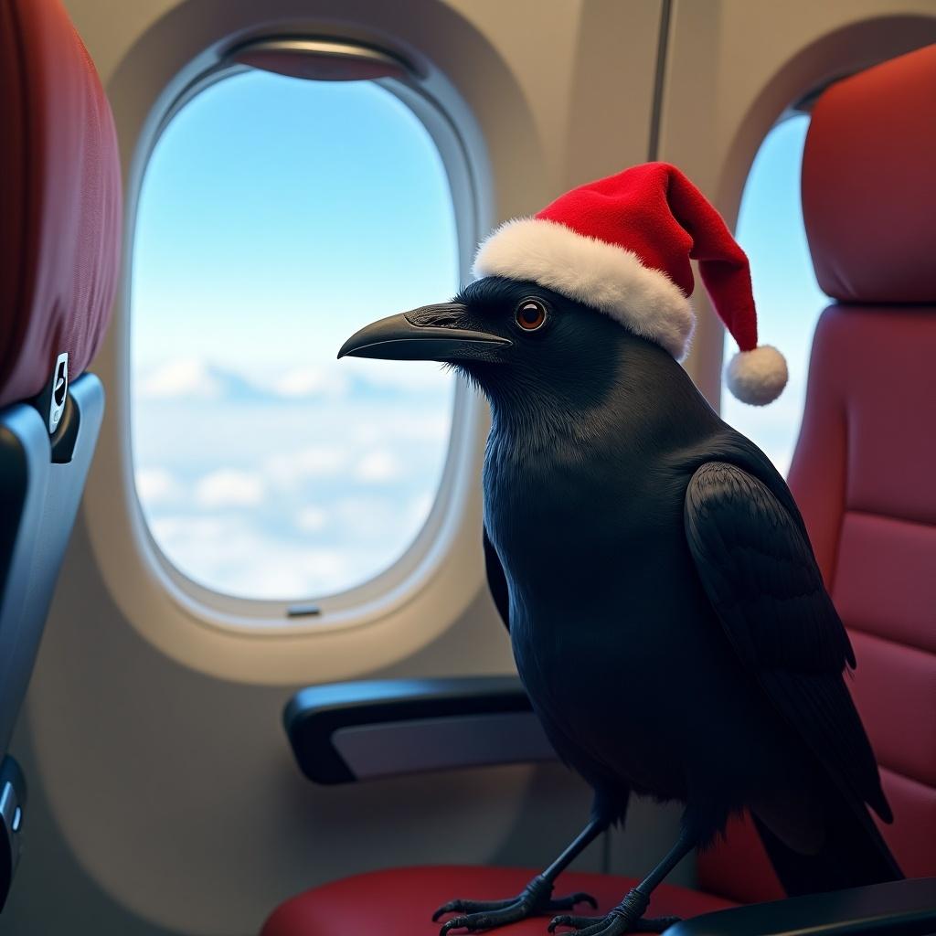 Crow wearing Santa hat sits on airplane seat near window with sky view.