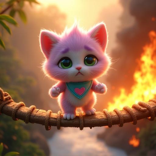 Fluffy anthropomorphic kitten with pastel pink and lavender fur races across a wooden rope bridge engulfed in flames. Large green eyes show desperation and determination. Smoke fills the air as morning light pierces through chaos. Below, deep jungle canyon with misty river.