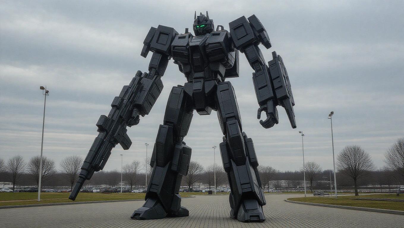 Realistic design of a large mech that stands 20 meters tall. It features advanced weaponry. The color scheme is primarily black and gray with dark accents. The setting includes an outdoor area with trees and light structures.