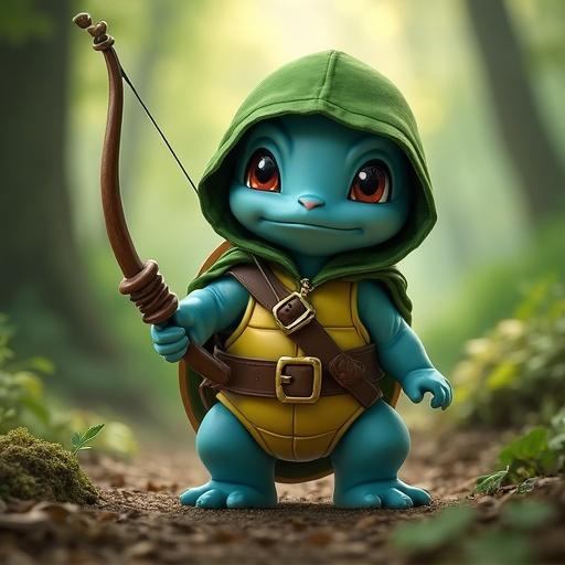Squirtle in D&D ranger outfit. Character has green outfit and bow. Set in a lush forest ambiance.