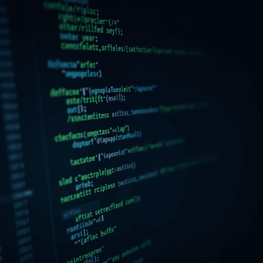 A blurred close-up of computer code with colorful syntax highlighting on a dark screen.
