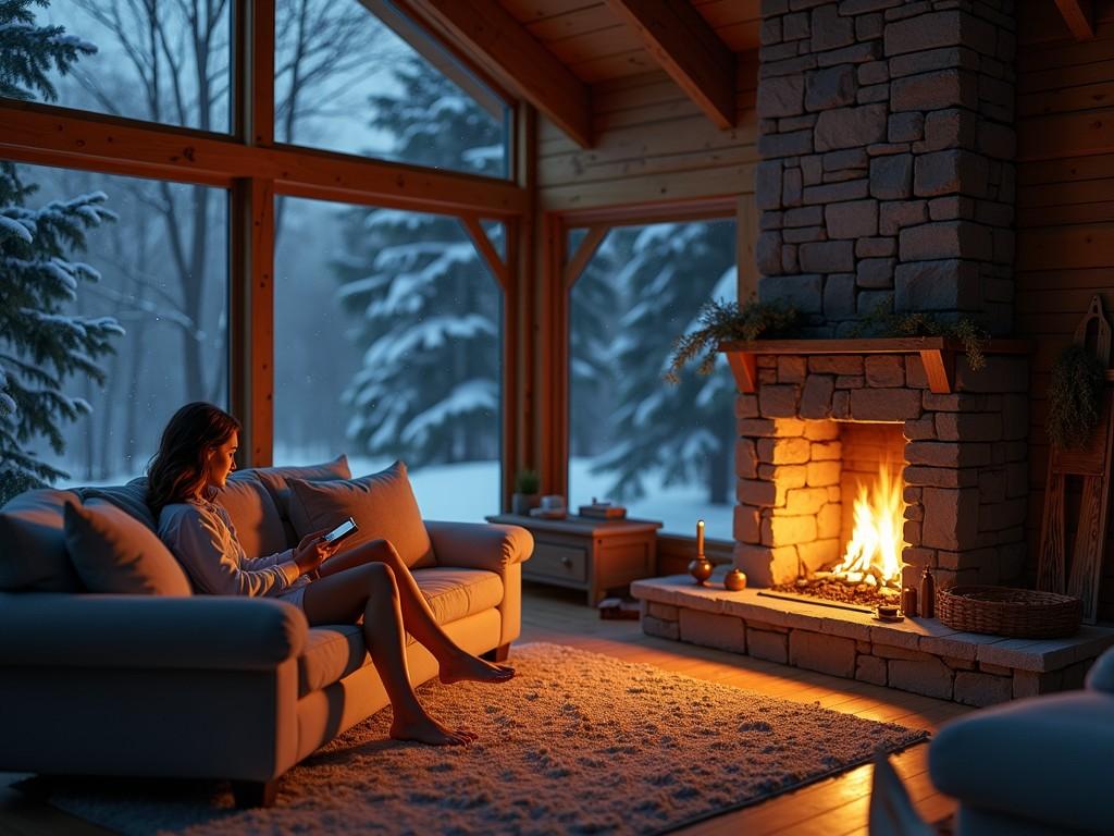 In this cozy scene, a person sits comfortably on a sofa in a wooden cabin, intently reading a book by a warm, crackling fireplace. The large window offers a view of snow-covered pine trees, accentuating the contrast between the warm interior and the chilly wintry landscape outside. The ambiance is one of tranquility and solitude, inviting a sense of peace and reflection.