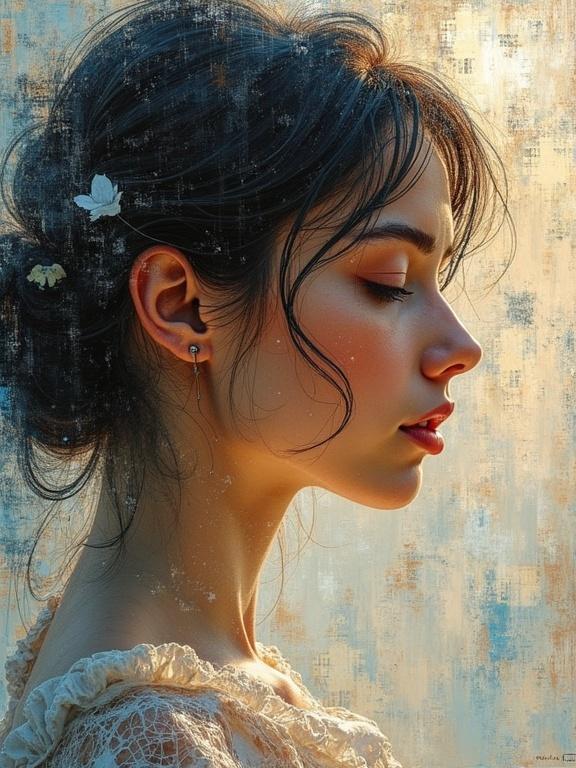 Impressionist art featuring the profile of a woman. Soft hair adorned with flowers. Textured background with warm colors and subtle tones. Combination of artistic styles making an optical illusion effect.
