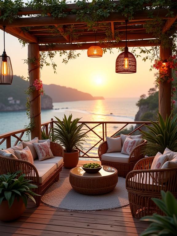 Coastal terrace with seating area overlooking ocean at sunset. Features wooden pergola, hanging lights, wicker furniture, tropical plants, and sunset reflections in water. Warm colors and romantic atmosphere.