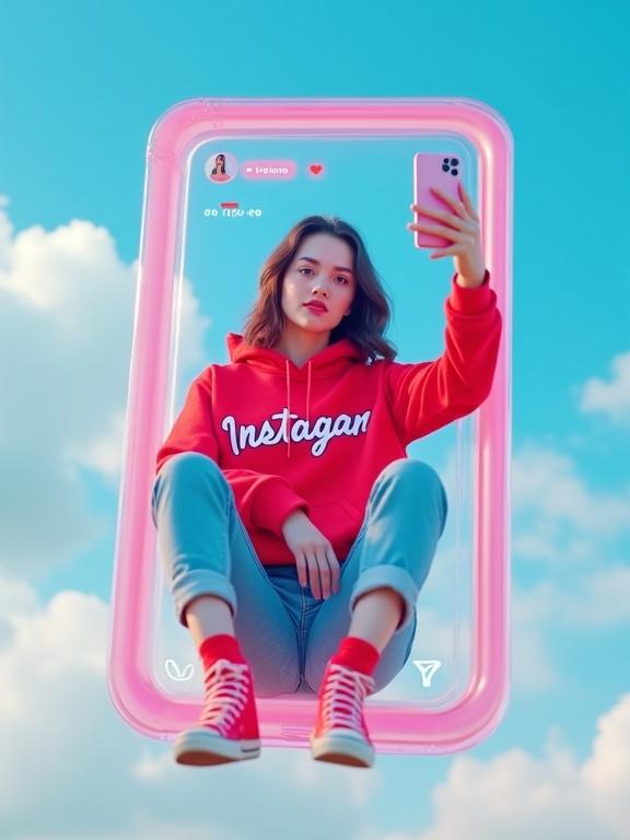 A young woman is sitting inside a giant transparent smartphone screen. The screen floats against a bright blue sky covered with soft white clouds. She is casually taking a selfie with a pink smartphone. The woman wears a red hoodie with the typo 'Instagam'. She has light blue jeans and bright red high-top sneakers. The phone screen displays an Instagram interface. The atmosphere feels playful and digital. The scene has a hyper-realistic style with vivid colors and cinematic lighting.