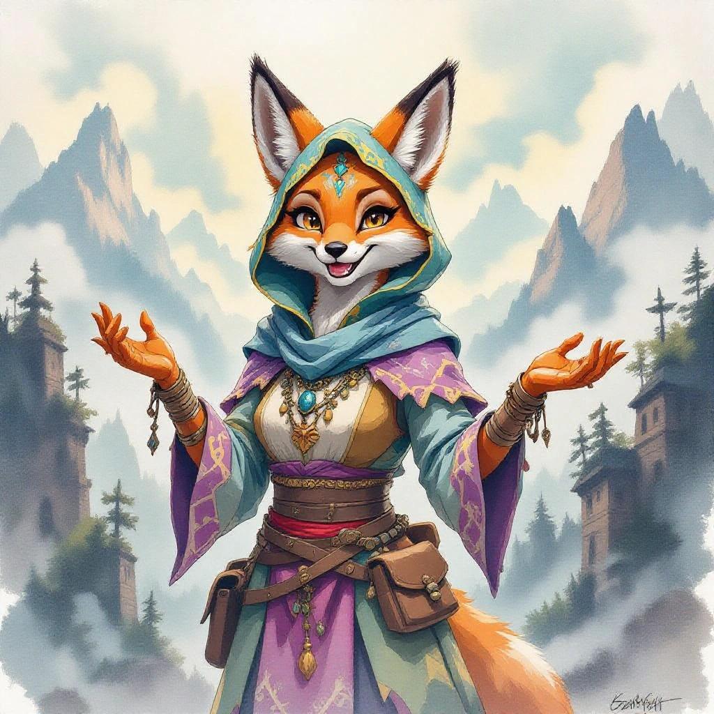 Watercolor painting of a female tabaxi illusionist. Wears colorful enchanted clothing. Smiling playfully with a sneaky yet graceful pose. Features misty mountain peaks and dark fantasy elements. Rough canvas texture and cinematic lighting included.