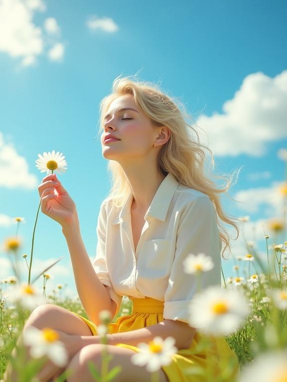 A young woman with blonde hair wears a white shirt and a yellow skirt. She sits in a daisies field under a vivid blue sky. The sun shines on her face. One hand touches a daisy stem. She has her eyes closed, enjoying the warmth and fragrance of flowers. The background flowers and sky are blurred.