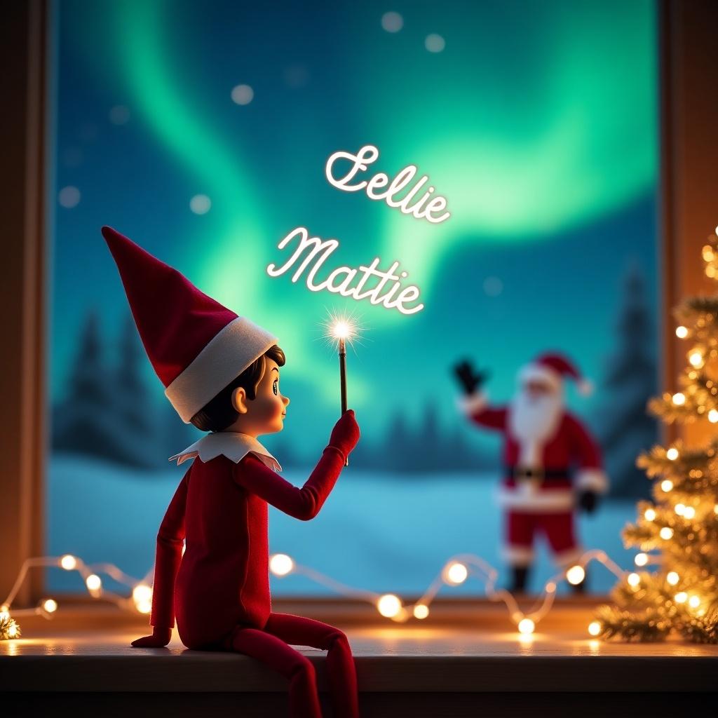 An adorable scene captures an Elf on the Shelf with his back to the viewer. He faces a breathtaking nighttime sky illuminated by the northern lights. The elf, dressed in traditional holiday attire, uses a magic wand to write the names 'Callie', 'Ellie', and 'Mattie' in the air. In the background, Santa Claus joyfully waves, adding to the scene's sense of wonder. The beautifully lit tree and twinkling fairy lights complete this festive atmosphere, evoking joy and the spirit of Christmas.