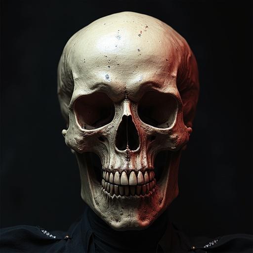 A demoniac skull is depicted in a dark setting with shadows enhancing its features. The skull is presented straight-on against a black background. Dramatic lighting creates an eerie atmosphere making it unsettling yet captivating.