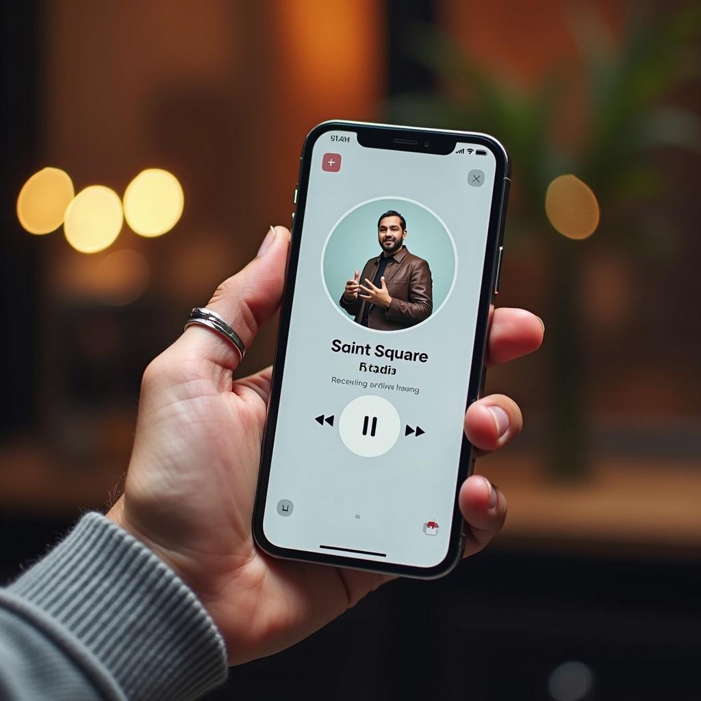 A hand holds a smartphone displaying the Saint Square radio app. The phone screen has a play button and music title visible. The background has soft warm lights creating a cozy ambiance. The focus is on the hand and smartphone.