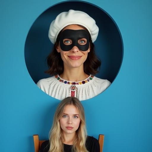 Centered composition showing two women emerging from a circular frame. Top woman has blue eyes, black hair, white beret, Zorro mask, and pleated collar with an excited smile. Bottom woman has blonde hair and blue eyes, wearing black long sleeves dress, showing concern. All are looking at viewer against a blue background.