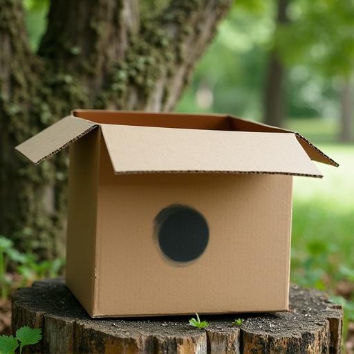 An empty carton box is positioned without a lid. The box has a black spot on its surface. It is situated under the branch of a tree in a natural setting.