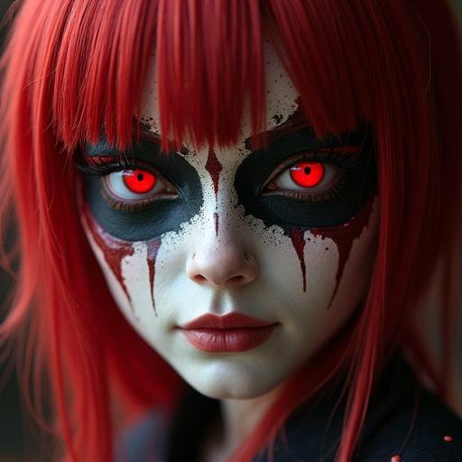 closeup shot of a woman wearing a Shinigami mask with red hair and red eyes