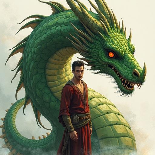 Illustration of an attractive man with short dark hair next to his large green-scaled dragon in a medieval fantasy world.