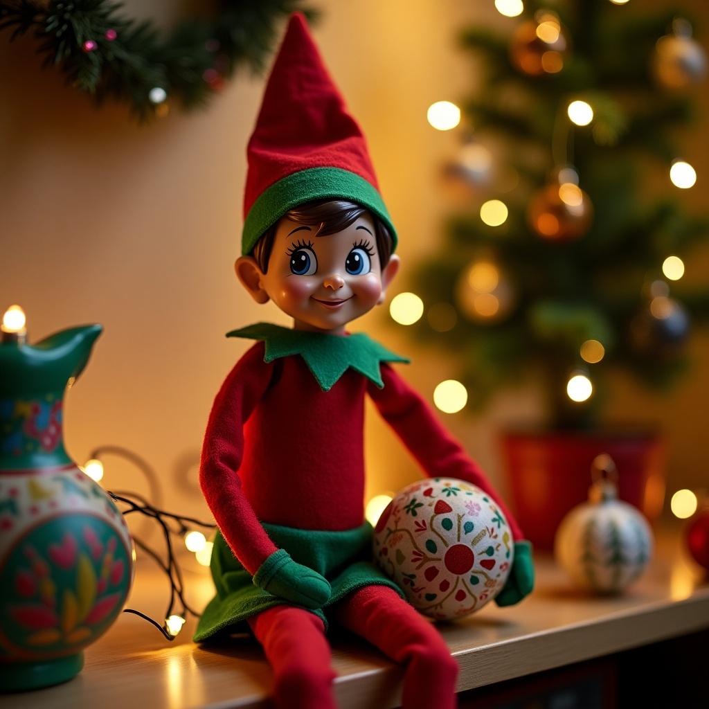 The image showcases a cheerful elf doll, commonly associated with Christmas, depicted in a cozy indoor setting. The elf is dressed in vibrant red and green attire, featuring a signature pointed hat and a playful smile. Surrounding the elf are twinkling fairy lights and a small Christmas tree, enhancing the festive ambiance. A decorative ornament rests in the elf's lap, adding to the holiday spirit. The warm lighting creates an inviting atmosphere, perfect for the season of joy and celebration.