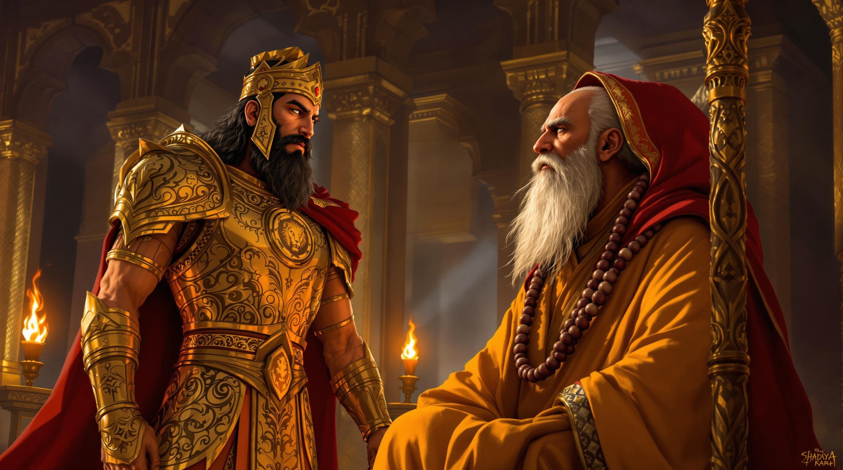 Inside Surya Garh's palace, King Rudrasen in golden armor with a crimson cape converses with an old sage. The sage warns about tantrik Kaljayi and dark power in Kali Vrikshi Van. The throne room features regal architecture and flickering torches, adding tension and urgency to the scene.