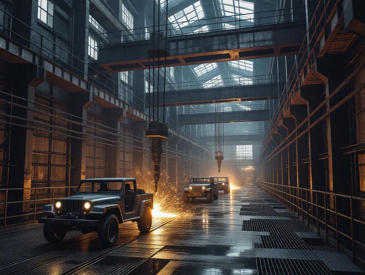 Dark cinematic atmosphere in a huge factory with welding machines and military jeeps. Sparks flying around as machines work. Metal walkways and stairs are present. The scene has elements like steam, melted metal pits, and shadows creating a realistic ambiance.
