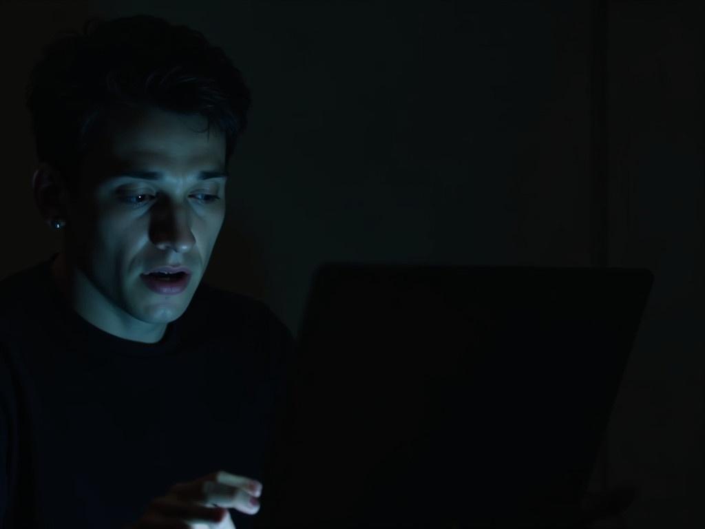 The image displays a video call setup in a dark environment, highlighting a person engaged in a conversation. The lighting is low, creating an ominous atmosphere. The background is unclear, perhaps suggesting a sense of secrecy or danger. The individual appears somewhat troubled, hinting at a narrative of inner turmoil. The overall tone of the scene elicits a feeling of uneasiness, as if something unsettling might be lurking beneath the surface.