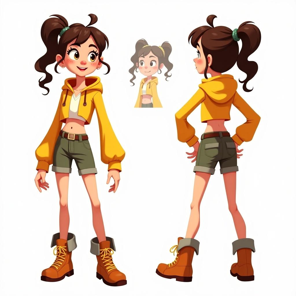 Character design of a brave and clever girl. Depicted from three angles: front, side and back. Outfit includes cropped hoodie, shorts, and sturdy boots. Emphasizes adventurous spirit. Determined expression. Bright colors and playful design.
