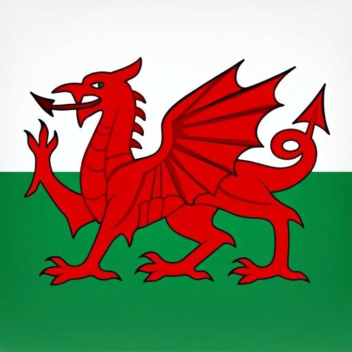 A photographic image of a red Welsh dragon displayed prominently on the Welsh national flag. The dragon is in a classic heraldic pose. The background is divided into a white upper section and a green lower section, showcasing the vivid colors of the flag.