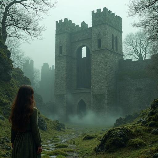 A closeup of a beautiful girl stands before a mist-covered ruined castle. The castle is surrounded by tall trees and moss-covered stones. A long corridor leads to broken stones, and a tower with a cracked wooden door rises above. The image conveys mystery and adventure.