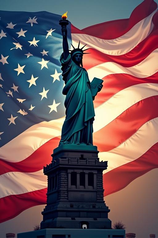 Patriotic image featuring the Statue of Liberty in front of the American flag. Focus on themes of liberty and freedom. Perfect for a Facebook cover photo.