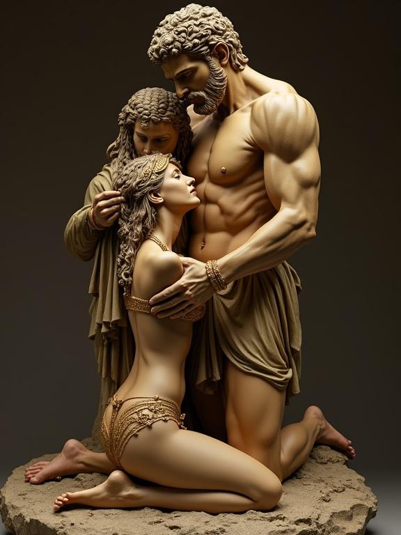 3D sculpture features Cleopatra in a tiny bikini on her knees embracing Hercules. The statue showcases the strength and intimate connection between the two figures. It is part of the collection titled 'Big Night Edition'.