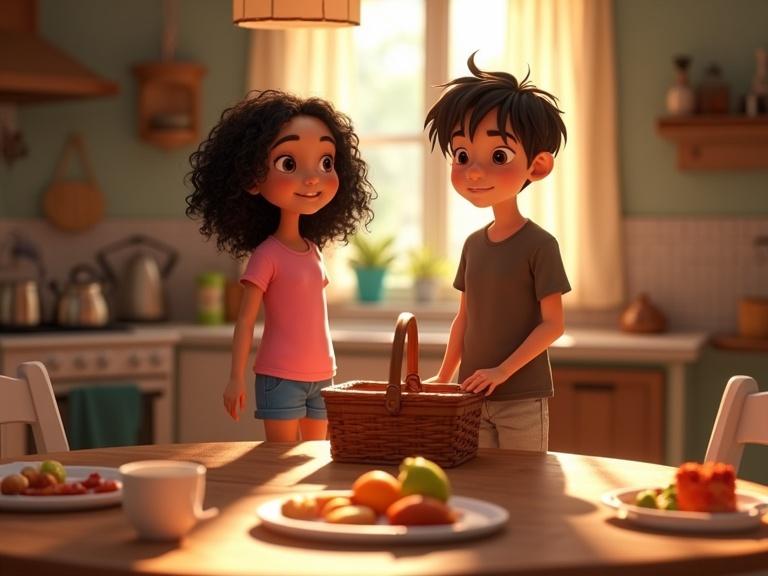 Close-up shot of animated children Luna and Leo in a kitchen. Luna has curly black hair, pink shirt, blue shorts. Leo has straight messy hair, brown t-shirt, gray shorts. Picnic basket on the table with food. Sunlight coming through window creating warmth. Mother is also present, focus on children's faces looking at camera.